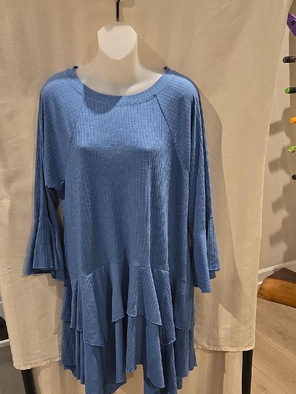 Dusty Blue Ribbed Ruffle Tiered Tunic